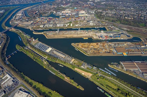 Aerial view, duisport Port of Duisburg, port area, oil island, coal island, container terminal and