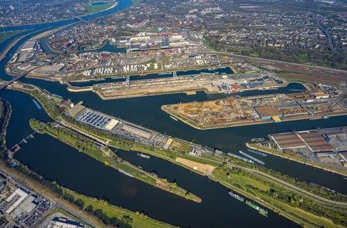 Aerial view, duisport Port of Duisburg, port area, oil island, coal island, container terminal and