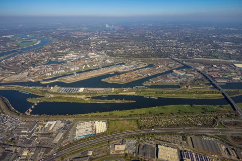 Aerial view, duisport port of Duisburg, port area, oil island, coal island, container terminal and