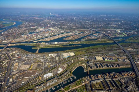 Aerial view, duisport port of Duisburg, port area, oil island, coal island, container terminal and