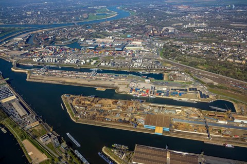 Aerial view, duisport port of Duisburg, port area, oil island, coal island, container terminal and