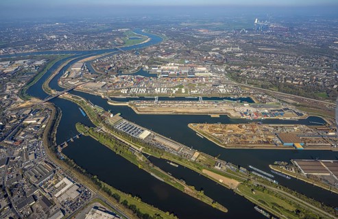 Aerial view, duisport harbour Duisburg, harbour area, oil island, coal island, container terminal
