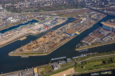Aerial view, duisport harbour Duisburg, harbour area, coal island container terminal and scrap