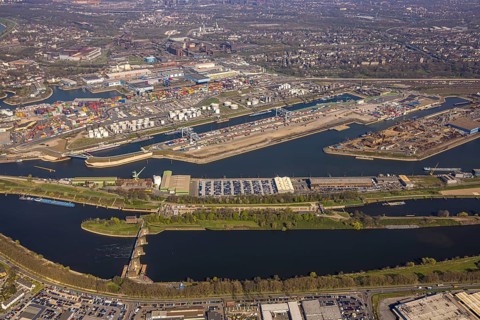 Aerial view, duisport Port of Duisburg, port area, oil island, coal island, container terminal and
