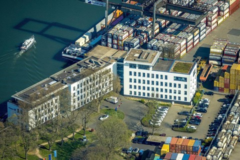 Aerial view, container harbour, duisport Duisburger Hafen AG headquarters, Ruhrort, Duisburg, Ruhr