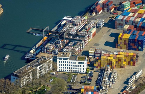 Aerial view, container harbour, duisport Duisburger Hafen AG headquarters, Ruhrort, Duisburg, Ruhr