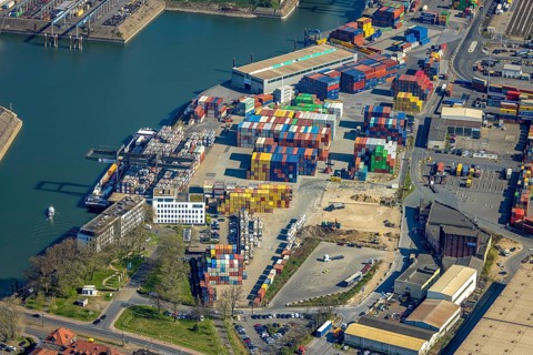 Aerial view, container harbour, duisport Duisburger Hafen AG headquarters, Ruhrort, Duisburg, Ruhr