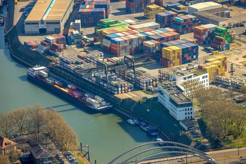 Aerial view, duisport harbour, container port and Duisburger Hafen AG headquarters, Ruhrort,