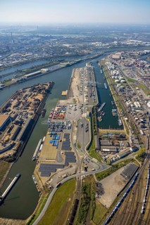 Aerial view, duisport Port of Duisburg, harbour area, oil island, coal island container terminal