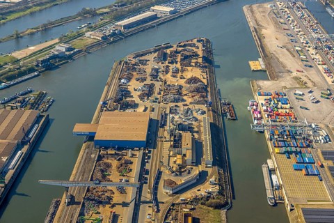 Aerial view, duisport harbour Duisburg, harbour area, scrap island raw material island, Ruhrort,