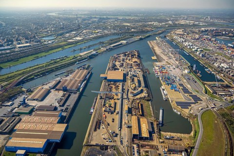 Aerial view, duisport Port of Duisburg, harbour area, oil island, coal island container terminal