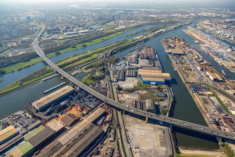 Aerial view, duisport Port of Duisburg, port area, A59 motorway and Duisburg interchange, Berlin
