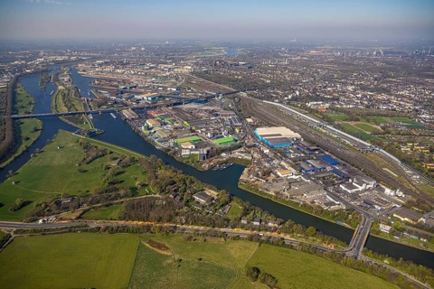 Aerial view, duisport Port of Duisburg, port area, A59 motorway with Berlin Bridge over the Ruhr