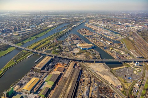 Aerial view, duisport port Duisburg, port area, motorway A59 with Berlin bridge over the river Ruhr