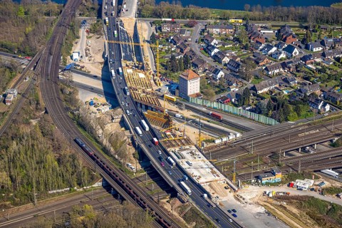 Aerial view, Kaiserberg motorway junction with A3 and A40 motorways, bridge construction and