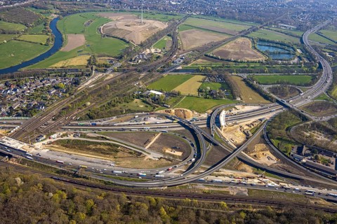 Aerial view, Kaiserberg motorway junction with A3 and A40 motorways, bridge construction and