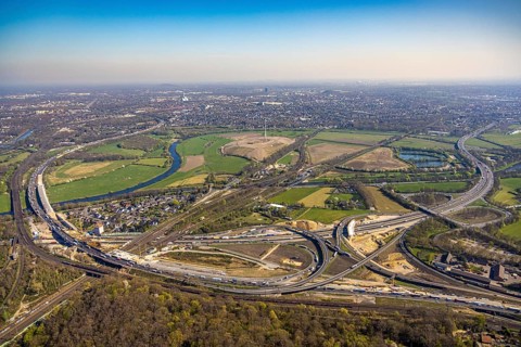 Aerial view, Kaiserberg motorway junction with A3 and A40 motorways, bridge construction and