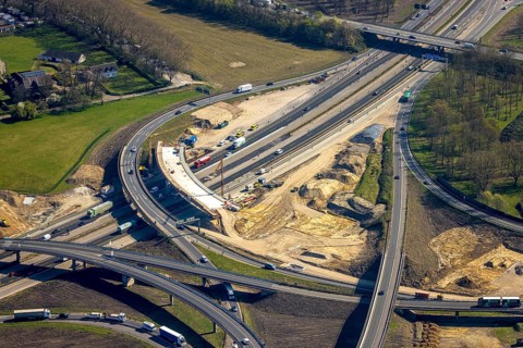 Aerial view, Kaiserberg motorway junction with A3 and A40 motorways, bridge construction and