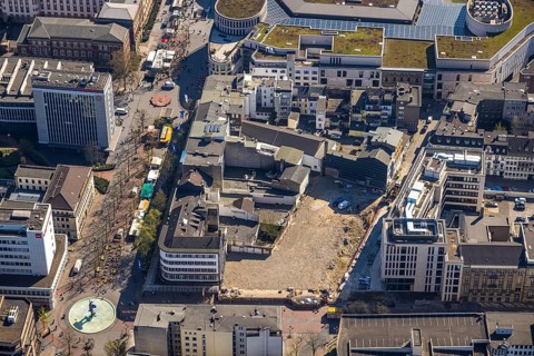 Aerial view, construction site Torhaus Süd in the business district Düsseldorfer Straße corner