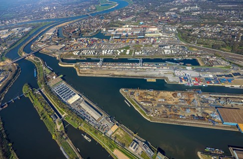 Aerial view, duisport Port of Duisburg, port area, oil island, coal island, container terminal and