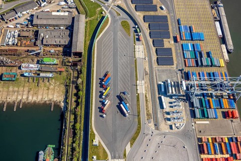 Aerial view, duisport Port of Duisburg, port area, coal island container terminal, lorry park,