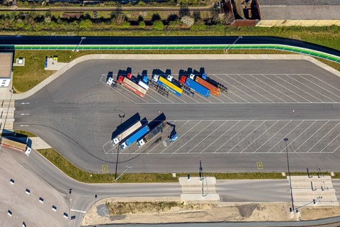Aerial view, duisport Port of Duisburg, port area, coal island container terminal, lorry park,