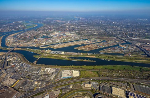 Aerial view, duisport Port of Duisburg, port area, oil island, coal island, container terminal and