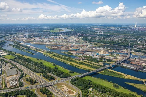 Aerial view, Berlin bridge of motorway A59 over river Ruhr and Rhine-Herne-Canal between motorway