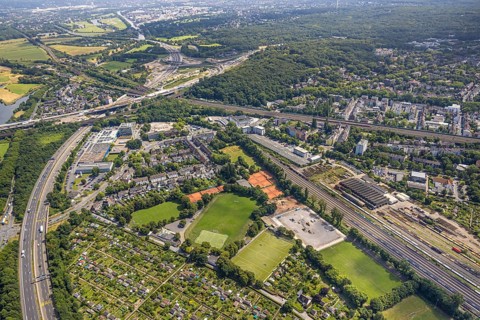 Aerial view, motorway junction Kaiserberg construction site general view, sports centre with