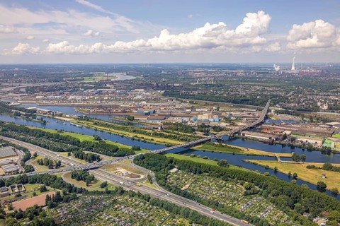 Aerial view, Berlin bridge of motorway A59 over river Ruhr and Rhine-Herne-Canal between motorway