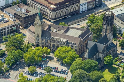 Aerial view, Duisburg city hall with town hall tower, Salvator church with church square, Old Town,