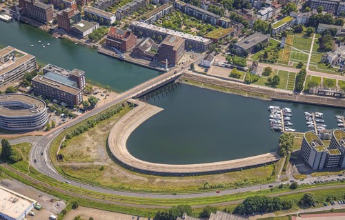 Aerial view, Eurogate staircase inner harbour and commercial buildings, Kaßlerfeld, Duisburg, Ruhr