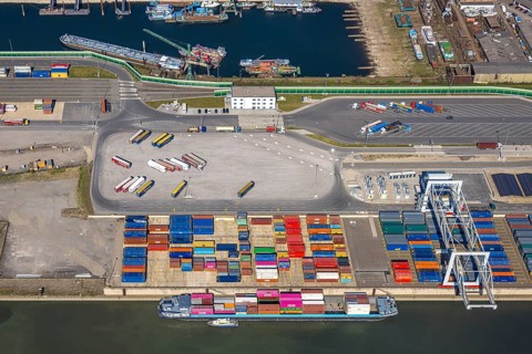 Aerial view, duisport Port of Duisburg, port area, coal island container terminal, container ship,