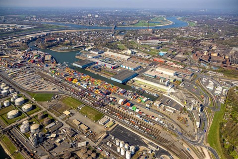 Aerial view, duisport harbour Duisburg, harbour area, steel island south harbour with view to the