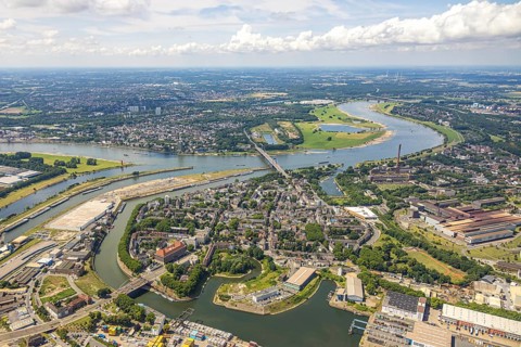 Aerial view, district Ruhrort at Duisburg harbour, river Rhine and Friedrich-Ebert-Bridge, below
