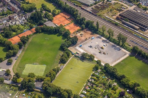 Aerial view, sports centre with football stadium, hockey pitch and tennis courts Preußen Duisburg,