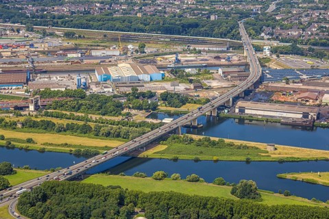 Aerial view, Berlin bridge of the A59 motorway over the Ruhr river and Rhine-Herne canal at the