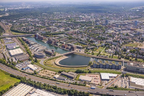 Aerial view, Eurogate staircase inner harbour and commercial buildings, view of Duisburg,
