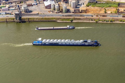 Aerial view, transport ship with car transporter cargo, bee ship on the river Rhine, Alt-Homberg,