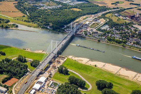 Aerial view, major construction site Rhine bridge Neuenkamp with motorway A40 over the river Rhine,