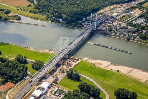Aerial view, major construction site Rhine bridge Neuenkamp with motorway A40 over the river Rhine,