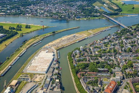 Aerial view, Mercatorinsel inland navigation on Vinckekanal and harbour canal, Stangenwald