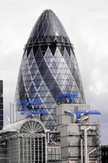 The Gherkin or Swiss-Re-Tower, in front of a historic building, London, England, Great Britain,