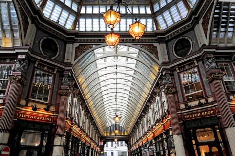 Interior view, Leadenhall Market, London, England, United Kingdom, Elegant arcade with high ceiling