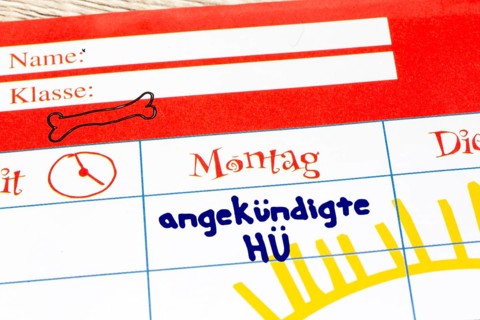 (Photomontage) Close-up of a timetable with added text ANGEKÜNDIGTE HÜ