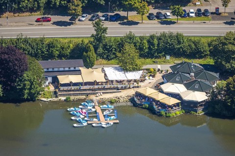 Aerial view, Biggesee boathouse restaurant with outdoor catering, SUP-STATION - Windsurfing