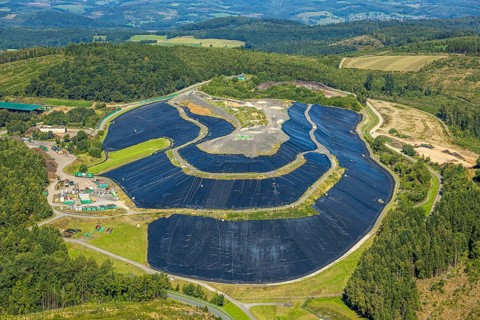 Aerial view, site covered with plastic tarpaulins of the landfill Olper Entsorgungszentrum GmbH,