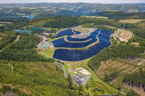 Aerial view, site covered with plastic tarpaulins of the landfill Olper Entsorgungszentrum GmbH,