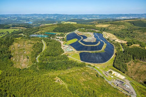 Aerial view, site covered with plastic tarpaulins of the landfill Olper Entsorgungszentrum GmbH,