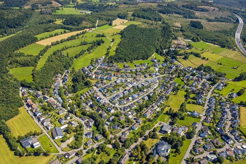 Aerial view, residential area, view of the district of Dahl, below St. Mary's Church and village